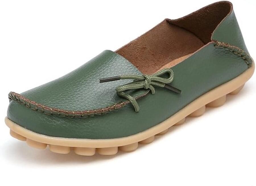 Mocassins Dames Casual Lederen Slip-On Schoenen Platte Hakken Ronde Teen Comfortabele Loafers met Strik