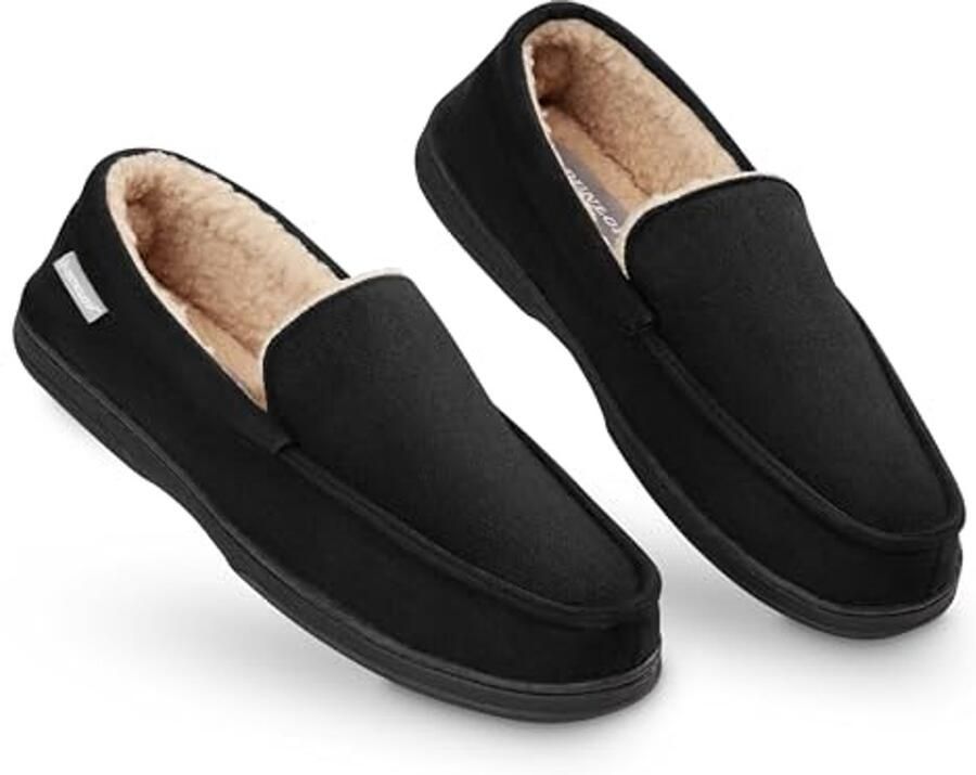 Mocassins voor heren met nepbont en traagschuim comfortabele huisslippers binnenschoenen in zwart