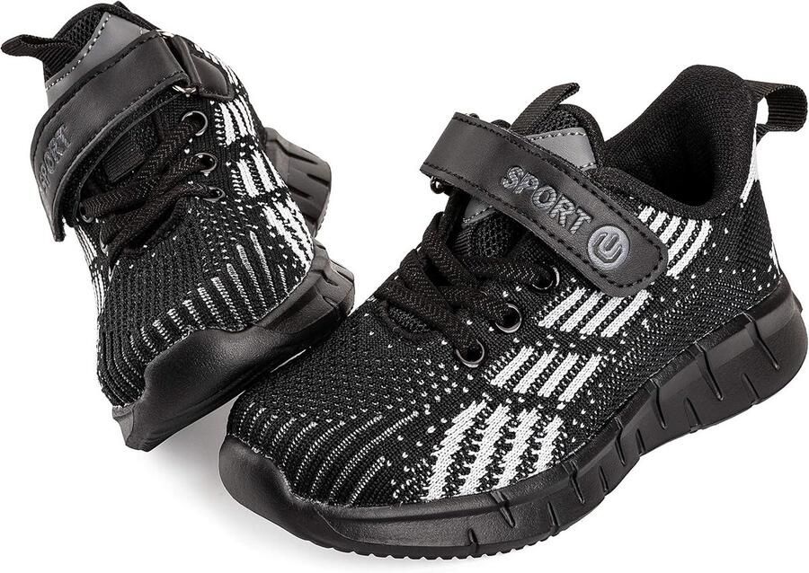 Kinder Sportschoenen Meisjes Zwart Wit Sneakers met Klittenband en Flexibele Zool