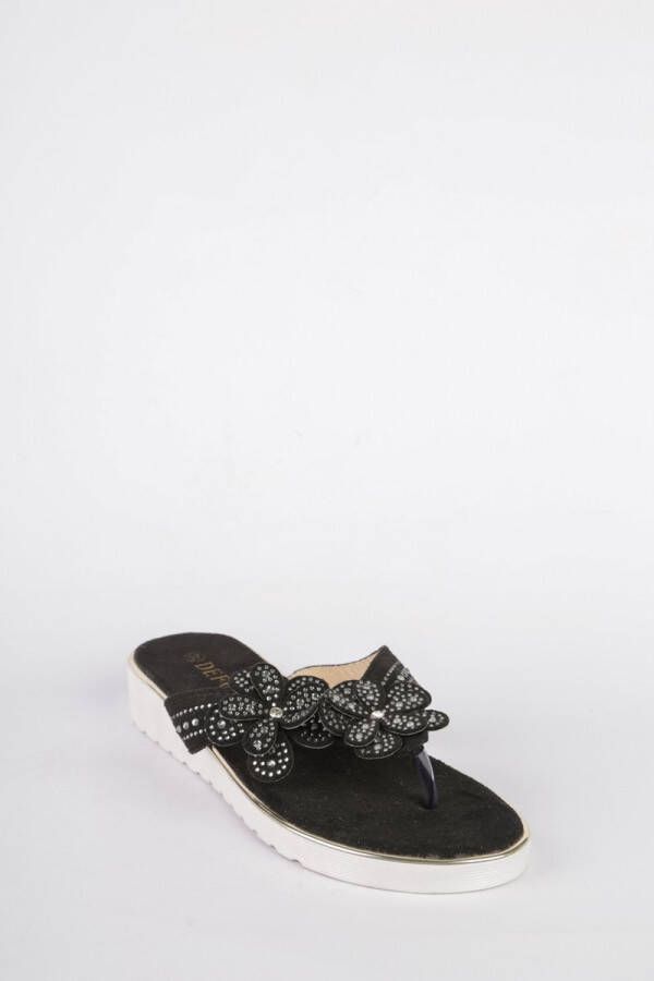 Mooie slipper met bloemen dames zwart