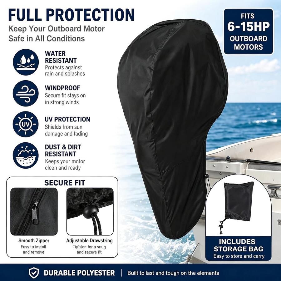 Motor Cover Buitenboordmotorafdekking Volledige bootmotorafdekking Water Polyester Winddichte Motorafdekking Buitenboordmotor met opbergzak 0 tot 20 (6-15 pk)