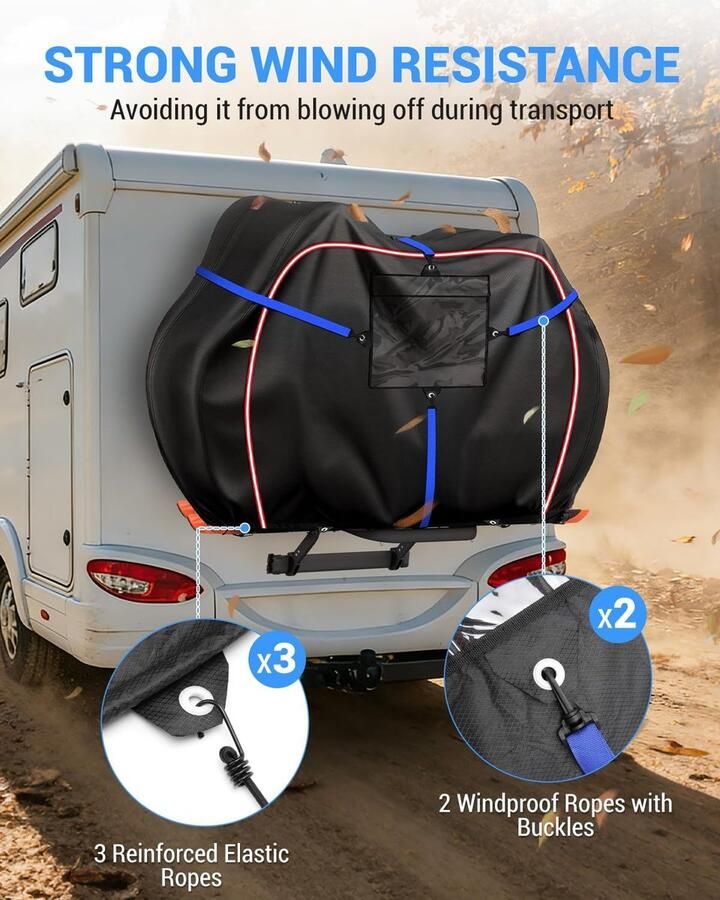 Motorhome Bike Cover 2 Bike Cover Waterdichte Rack Fiets Transport Covers 420D Oxford met Waarschuwingsbord Pocket en Achtermontage Slot Regendicht Scheurbestendig