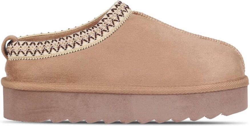 Muil met bont look sn_ugg inspired instappers zandkleur