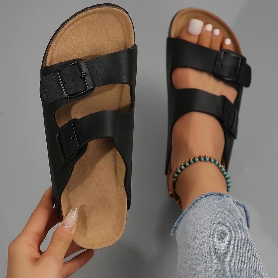 Muiltjes Slide Dames met Kurk Voetbed Comfortabele Orthopedische Sandalen Zomer Vlakke Slippers met Verstelbare Riem XZ490-Black