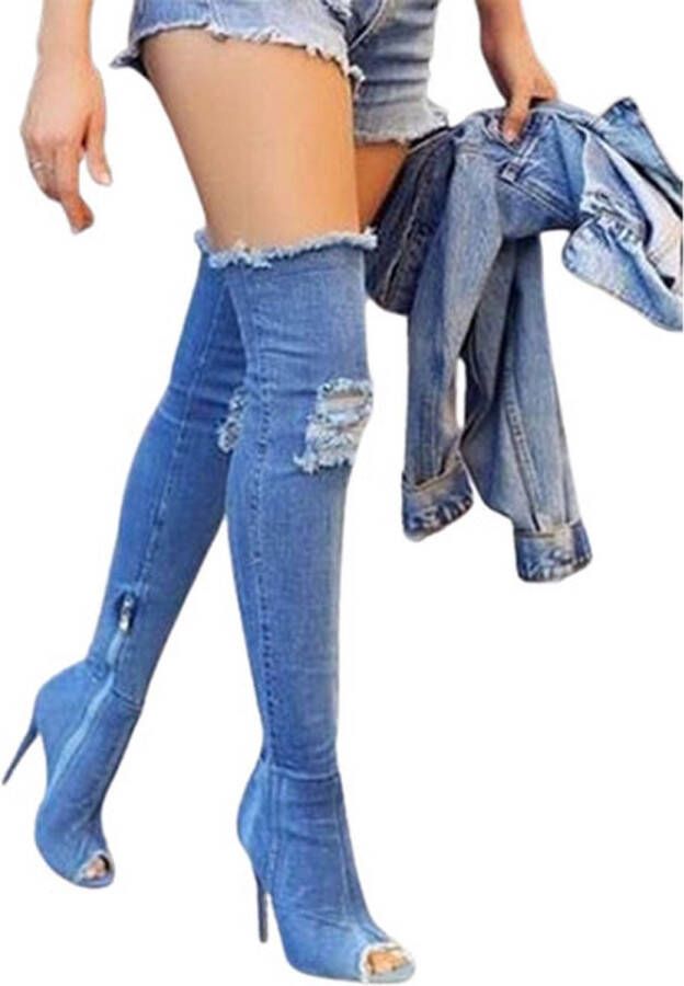 Naaldhakken Premium Deluxe Spijkerbroek afwerking Hoge kousen Erotische Laarzen met hoge Hakken| Sexy Laars Hak Hoog Tot aan de Knie Naaldhak Deluxe - Foto 2