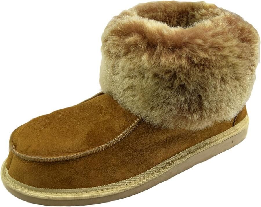 Naturasan Damessloffen Cognac Lamswol Suede met Echt Bont en Elastische Zool