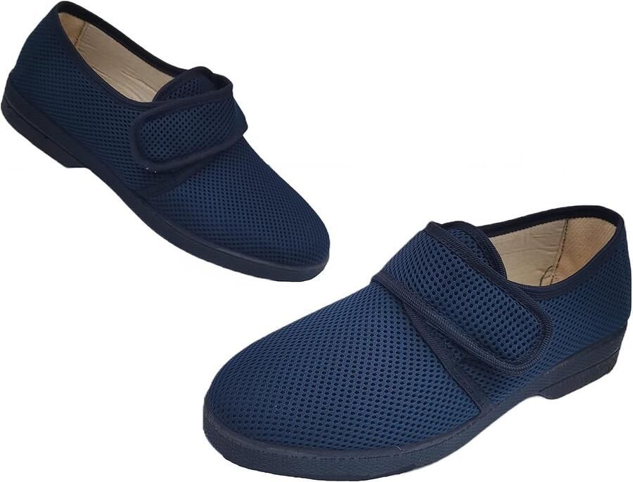 Nature Antieke pantoffels voor heren winterschoenen pantoffels met klittenbandsluiting voor senioren diabetici en zachte voeten Blauw canvas