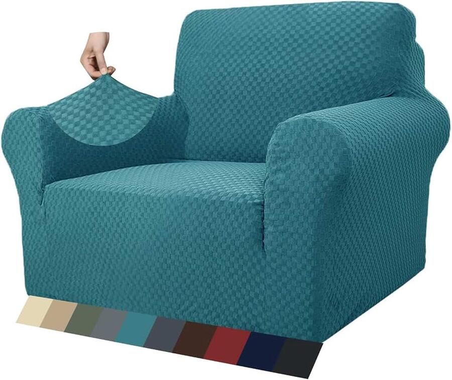 Nieuwste Jacquard stoelhoezen voor woonkamer super stretch antislip stoel slipcover met armen honden huisdiervriendelijk 1-delige bankbeschermer fauteuil cover (1 zits pauw blauw)