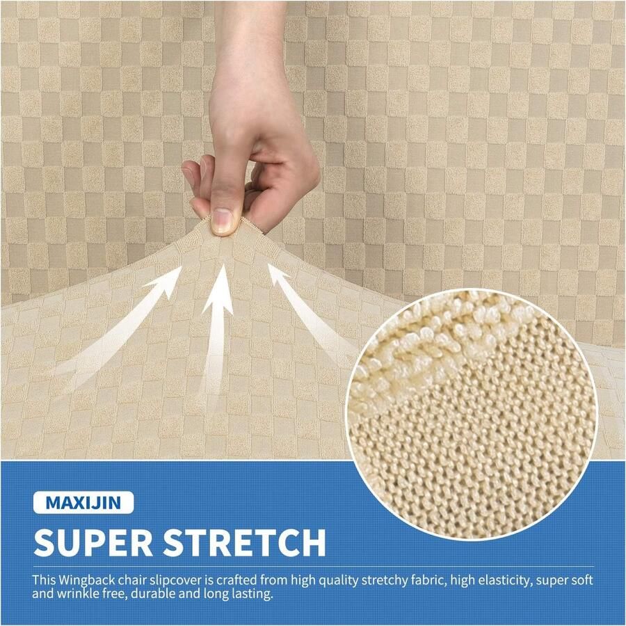 Nieuwste Jacquard Wingback Stoelhoezen 1-delige Stretch Wing Stoelhoezen Zachte Dikke Wingback Fauteuil Hoes Antislip High Chair Furniture Protector Cover (Vleugelstoel lichtbeige)