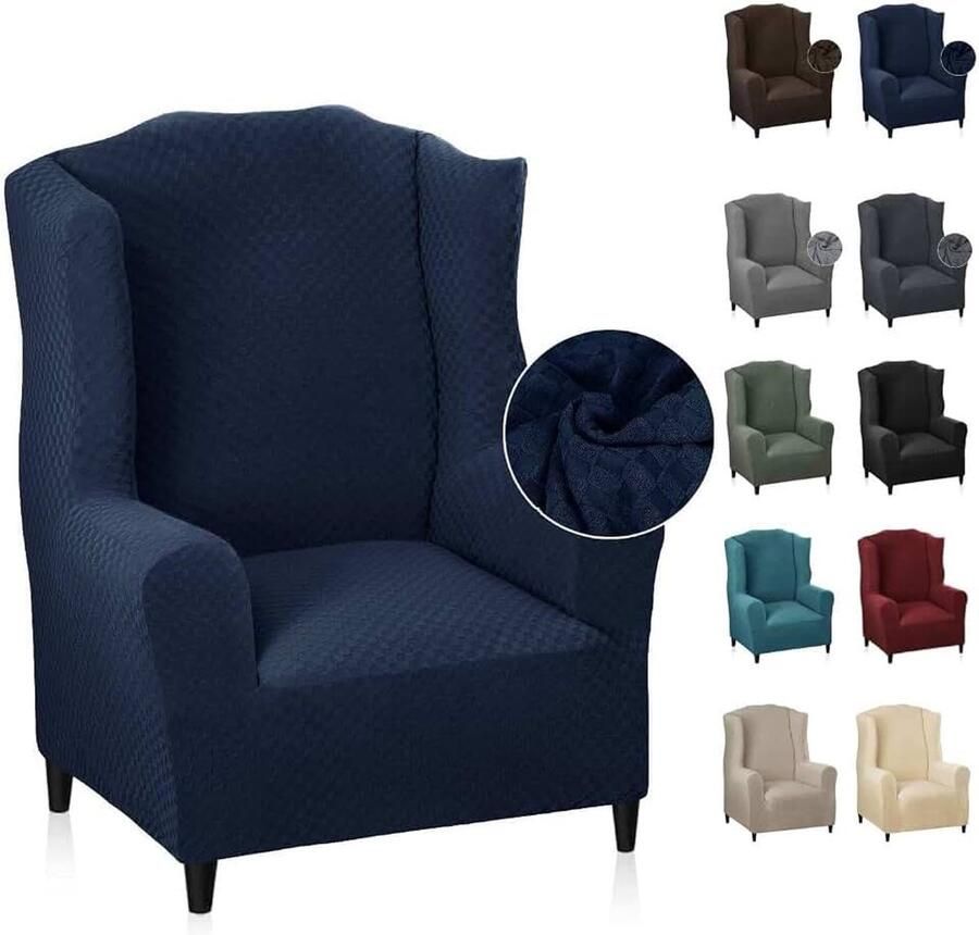 Nieuwste Jacquard Wingback Stoelhoezen 1-delige Stretch Wing Stoelhoezen Zachte Dikke Wingback Fauteuil Hoes Antislip High Chair Furniture Protector Cover (Vleugelstoel marineblauw)