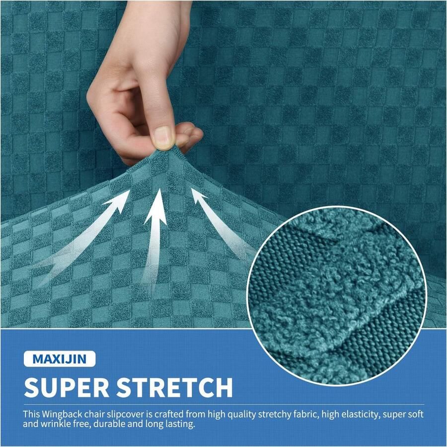 Nieuwste Jacquard Wingback Stoelhoezen 1-delige Stretch Wing Stoelhoezen Zachte Dikke Wingback Fauteuil Hoes Antislip High Chair Furniture Protector Cover (Vleugelstoel pauwblauw)