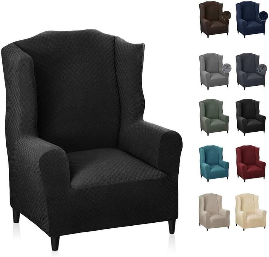 Nieuwste Jacquard Wingback Stoelhoezen 1-delige Stretch Wing Stoelhoezen Zachte Dikke Wingback Fauteuil Hoes Antislip High Chair Furniture Protector Cover (Vleugelstoel zwart)