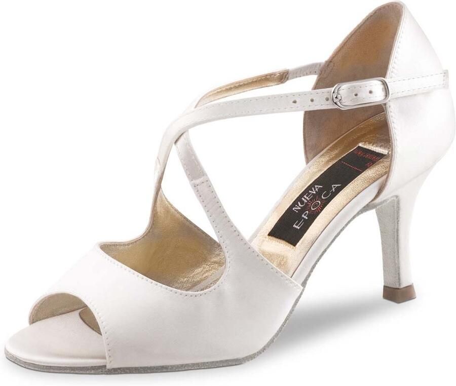 Nueva Epoca Mable Witte Dansschoenen Dames met Suède Zool Satijn Bruidsschoenen Open Teen Gekruist bandje Hak Comfortabele Trouwschoenen Drukknoopje Latin schoenen Nueva Epoca Wit