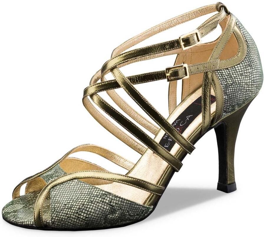 Nueva Epoca Penelope Dansschoenen Dames met Slangenprint Argentijnse Tango Salsa Kizomba Bachata Latin Professionele Danshakken Leer Suède Zool Open Teen Nueva Epoca Olijfgroen