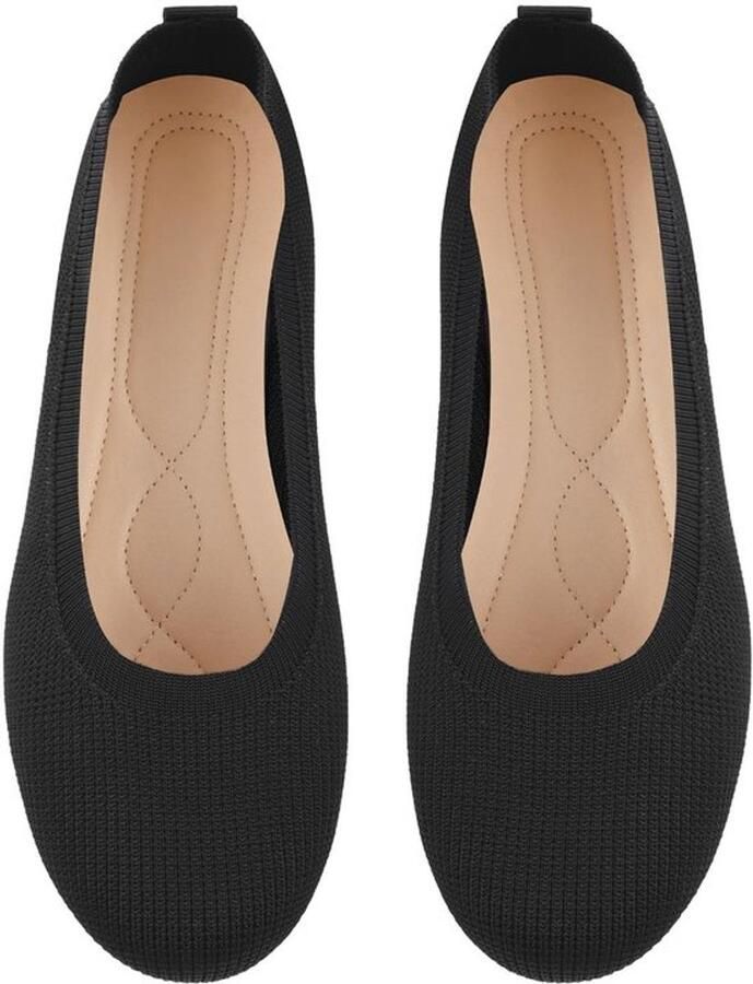 OFFCUP Damesschoenen met brede breedte platte schoenen gebreide ballerina's zwart casual zacht ademend rond platte ballerina's