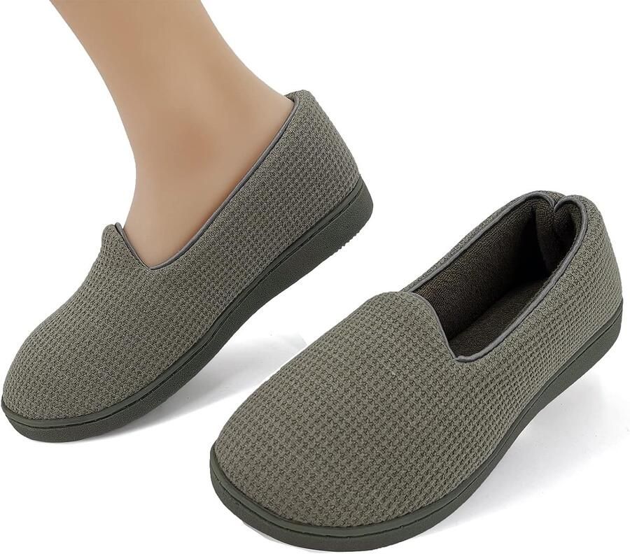 Ofoot Womens Memory Foam Knit Cotton Waffle House Slippers met Back Indoor Slip On Schoenen Lichtgewicht Wasbare Badstof Voering Antislip Rubberen Zolen