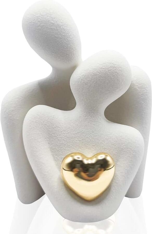 Omarmend paar standbeeld moderne witte keramische figuren met gouden hart mini-decoratie voor woonkamer paren en bruidspaar