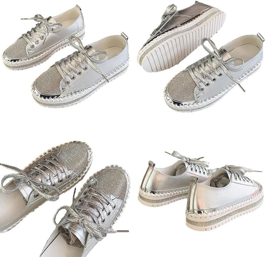 Omgoods Dames Fashion Platform Sneakers met Strass en Vetersluiting Zilver