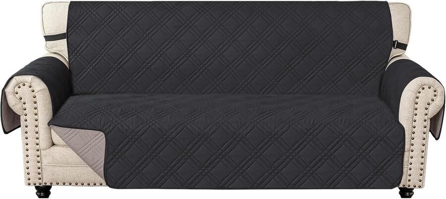 Omkeerbare Bankhoes 3 Zits Bankhoezen Met Armleuning Universele Sofa Cover Krasbestendig Antislip Sofahoes Jacquard Bankbeschermer Voor Huisdieren Zwart + Khaki