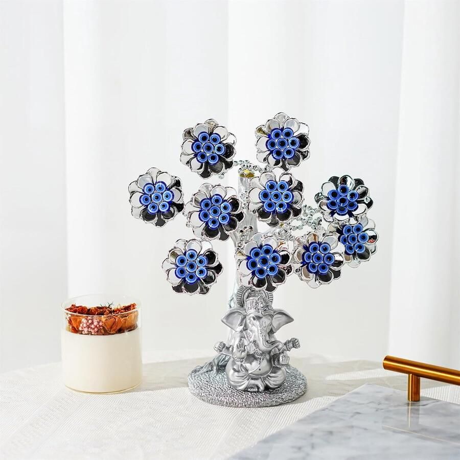 Oog Bloemen Geluksboom met Zilver Ganesha Hindoe Olifant God Standbeeld Thuiskantoor Feng Shui Bescherming Ornament Zegen Gift Hindoe Olifant God Ontwerp Feng Shui Bescherming Ornament Zegen Gift Thuis & Kantoor Decor Good Luck Symbool