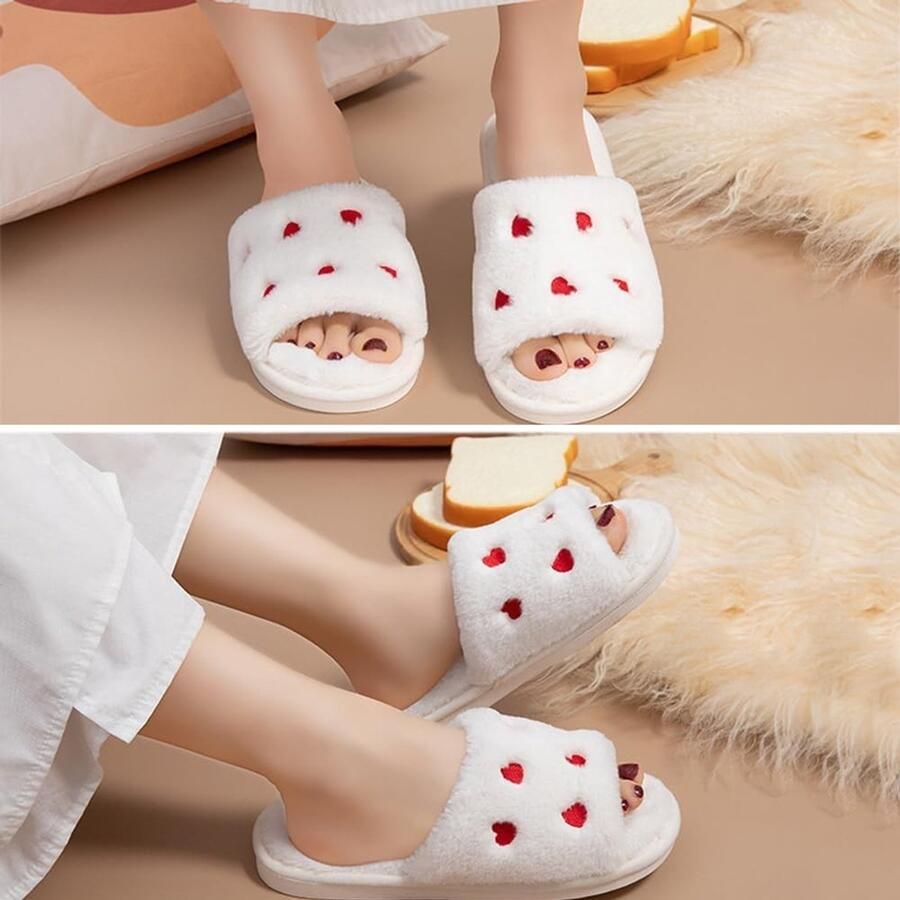 Open Teen Dames Slippers Antislip Warm en Schattig met Hartpatroon in Wit en Rood