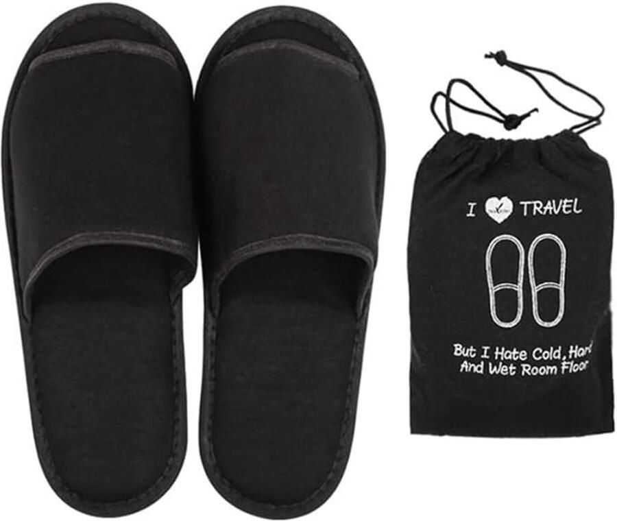 Opvouwbare reisslippers Gastenslippers open teenslippers met opbergtas katoen zwart