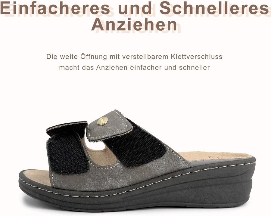 Orthopedische damesslippers met klittenband zomerpantoffels anatomische uitneembare zool van echt leer verstelbare sleehak comfortabele sandalen voor gevoelige voeten en senior blauw