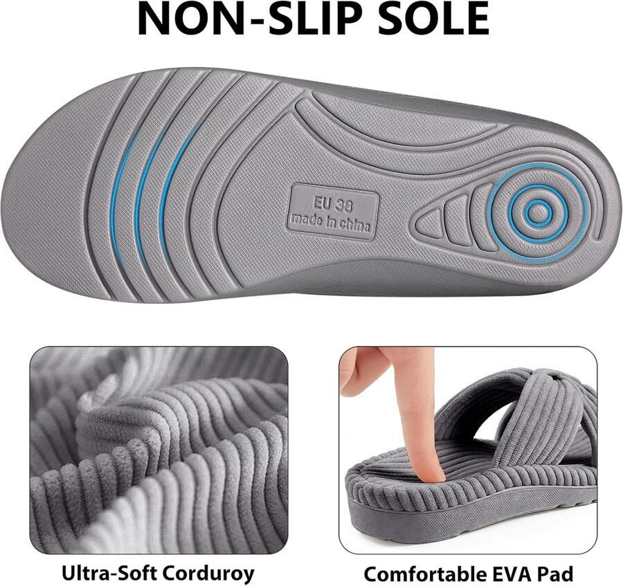 Orthopedische pantoffels voor dames comfortabele pantoffels met open teen van corduroy met kruisveters voor plantaire fasciitis