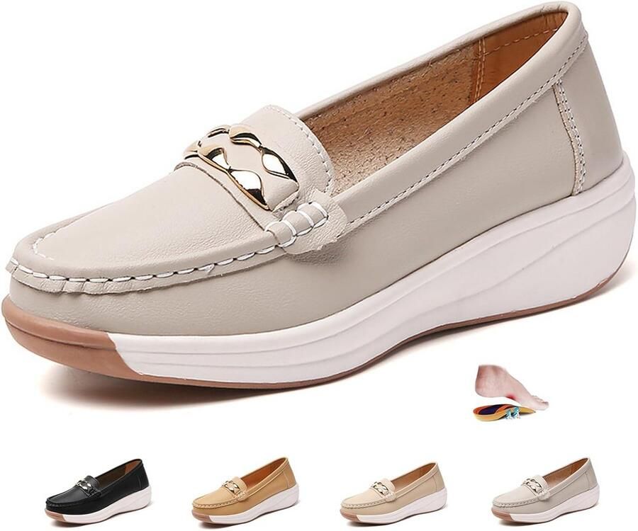 Orthopedische Plateauloafers voor Vrouwen Comfortabele Wandelschoenen met Wiglift Elastische Zijkanten Gouden Kettingdetails Beschikbaar in Meerdere Kleuren en Maten