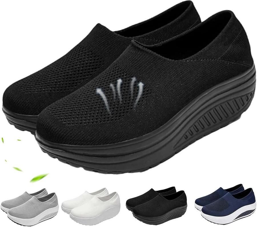 Orthopedische Schoenen Voor Vrouwen Brede Fit Rocker Bottom Schoenen Slip-On Mesh Up Stretch Platform Orthopedische Sneakers Comfortabele Wandelen Loafers