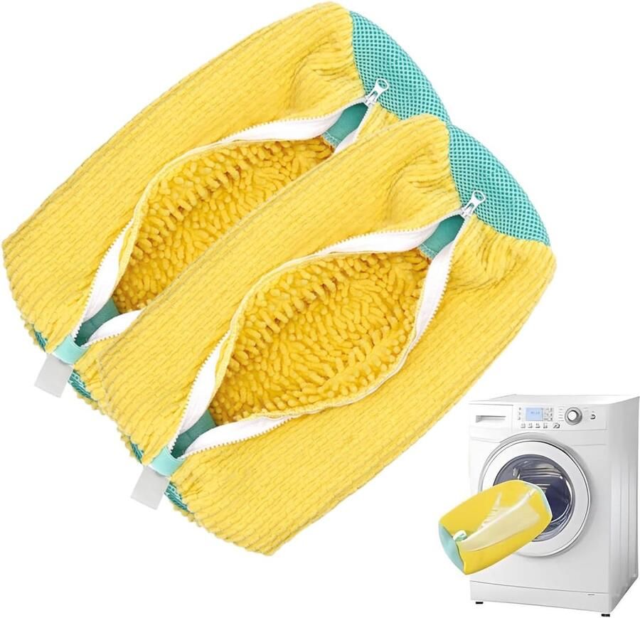 Pack of 2 Wasbare Waszakken Schoenwaszak 360° Reiniging Zip Pluche Schoenwaszak voor Sportschoenen en Tennisschoenen 39 x (Geel)