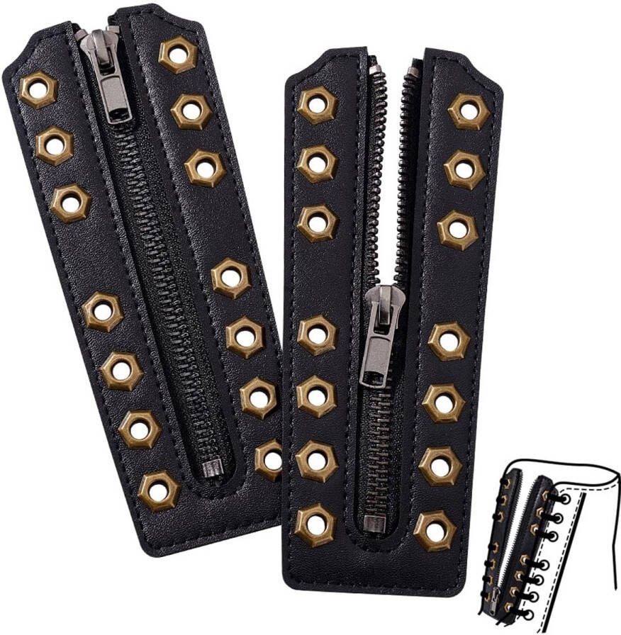 Set van 2 leren inzetstukken met ritssluiting voor veterschoenen vetersluiting met ritssluiting en zwarte oogjes afmeting 16 x voor sneakers zonder veters antiek brons zwart