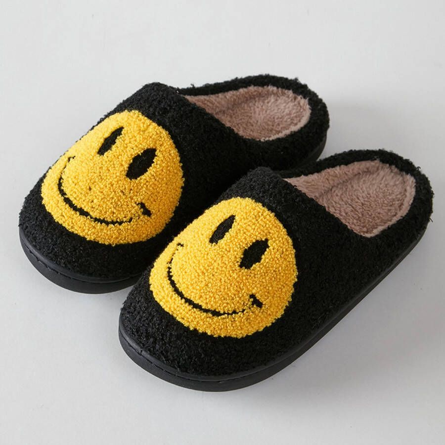 Pantoffel unisex smiley print zwart geel wit t m