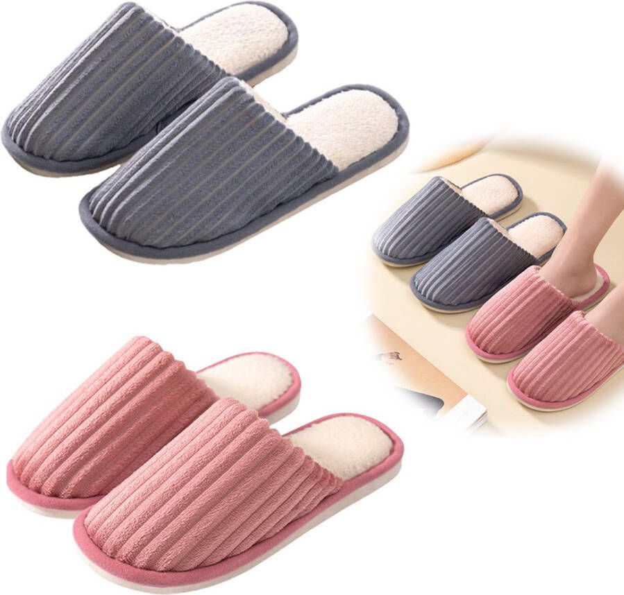 Pantoffels 2 Stuks pantoffels pantoffels Sloffen Huisschoenen Grijs pantoffels Roze pantoffels Koppels Lekker zacht Comfeet Antislip Unisex voor herfst en winter Roze en Grijs