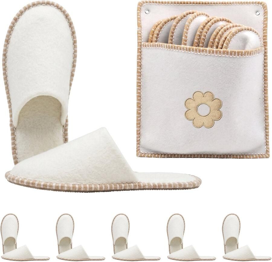 Pantoffels 6 paar bloem 36-45 vilt beige