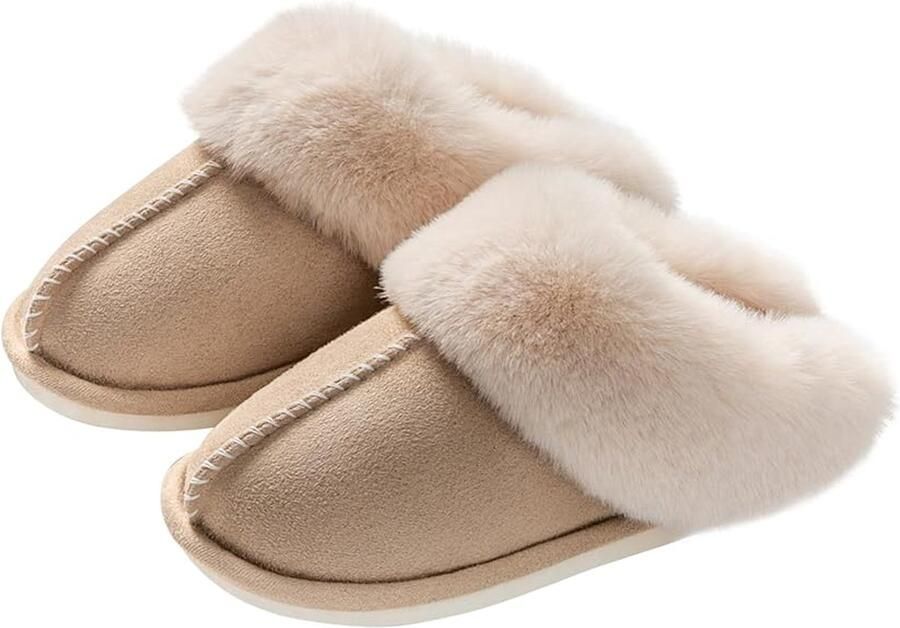 Pantoffels en Fluffy Open Sloffen met Pluche Voering Antislip Zool Beige valt klein