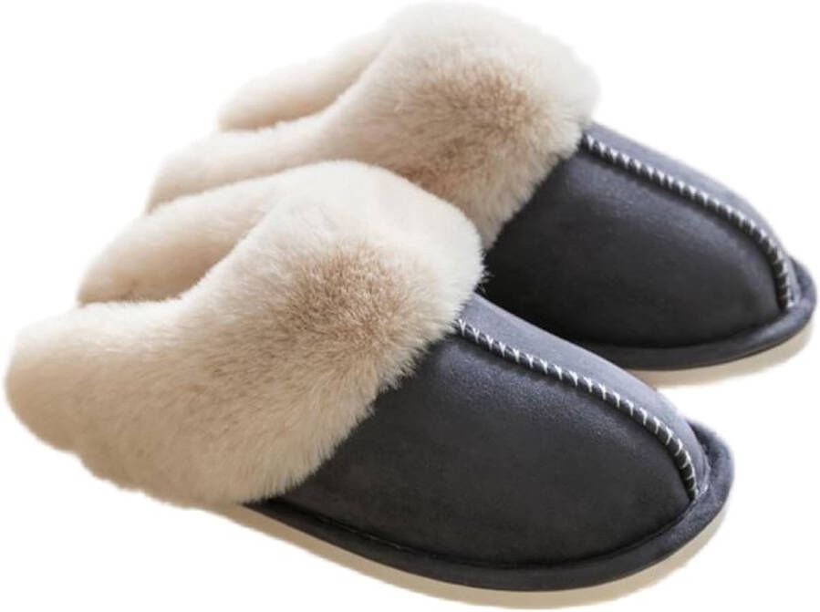 Pantoffels en Fluffy Open Sloffen Met Pluche Voering Antislip Zool Binnen en Buiten Draagbaar Donkergrijs (geschikt voor 39 40) Wasbaar Warm en Comfortabel