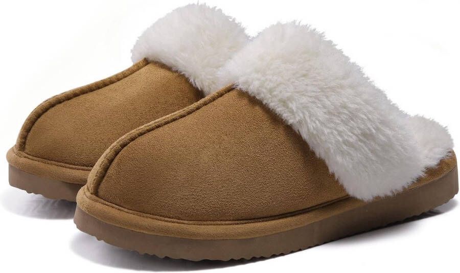 Pantoffels en Fluffy Open Sloffen Met Pluche Voering Antislip Zool Binnen en Buiten Draagbaar Khaki (geschikt voor 41 42) Wasbaar Warm en Comfortabel
