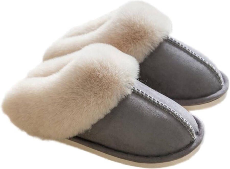 Pantoffels en Fluffy Open Sloffen Met Pluche Voering Antislip Zool Binnen en Buiten Draagbaar Grijs (geschikt voor 39 40) Wasbaar Warm en Comfortabel