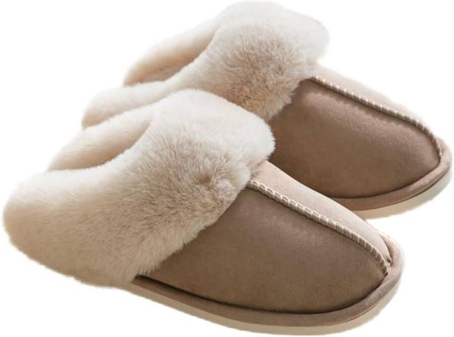 Pantoffels en Fluffy Open Sloffen Met Pluche Voering Antislip Zool Binnen en Buiten Draagbaar Khaki (geschikt voor 37 38) Wasbaar Warm en Comfortabel