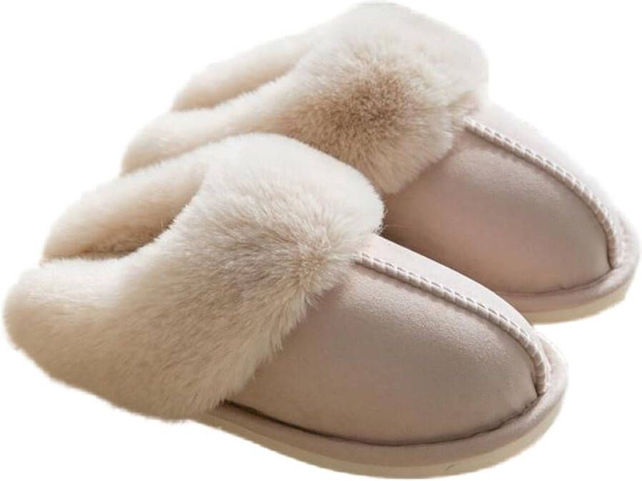 Pantoffels en Fluffy Open Sloffen Met Pluche Voering Antislip Zool Binnen en Buiten Draagbaar Beige (geschikt voor 39 40) Wasbaar Warm en Comfortabel