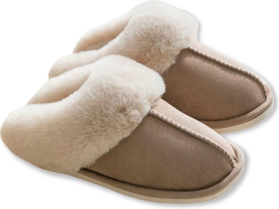 Pantoffels en Fluffy Open Sloffen met Pluche Voering Antislip Zool Khaki