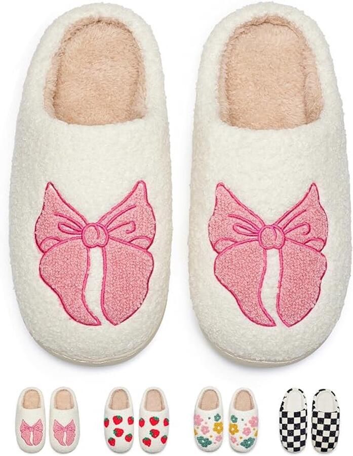 Pantoffels Dames Fluffy Sloffen met Strik Memory Foam Voetbed Warme Huissloffen Anti-Slip Zool Wasbaar Voor Binnen & Buiten Imitatiebont Roze Strik