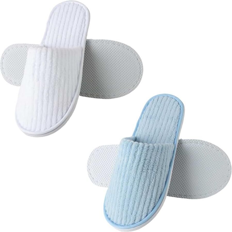 Pantoffels en reisschoenen 2 paar (gebroken wit + hemelsblauw) comprimeerbaar voor hotel gasten en spa. Herbruikbaar en ruimtebesparend
