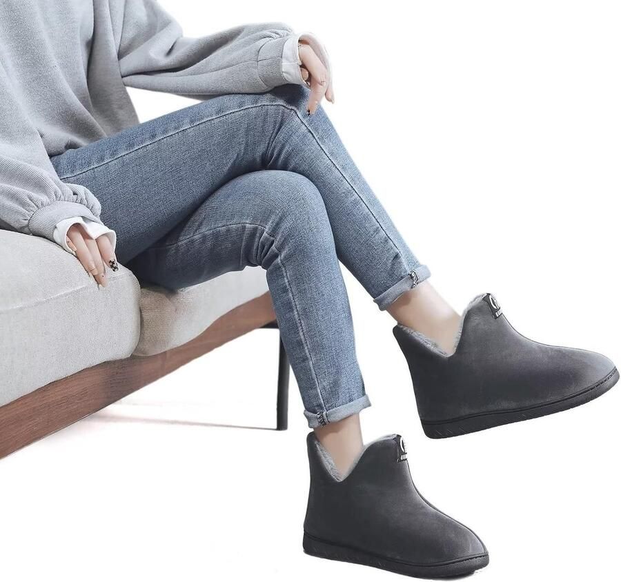 Pantoffels Grijs 44 45 EU Pluche Gevoerde Huisschoenen Voor en