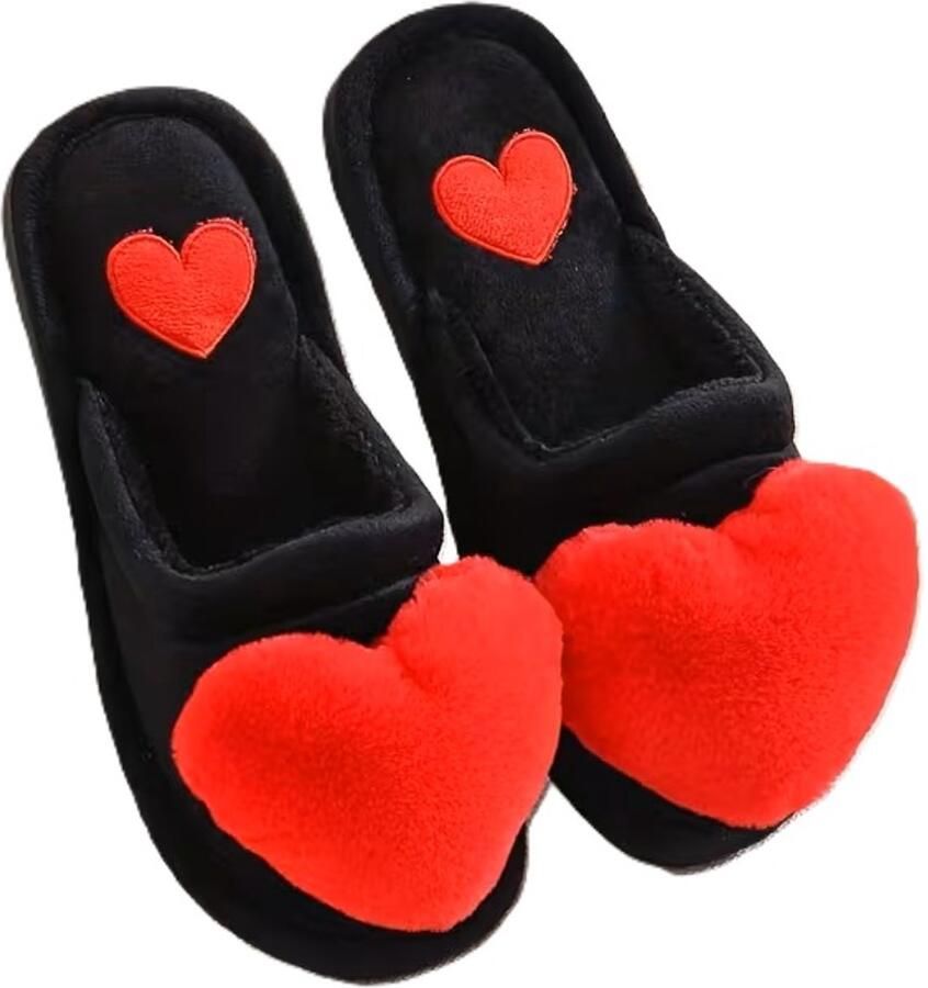 Pantoffels hart slippers fluffy pluche zwart rood