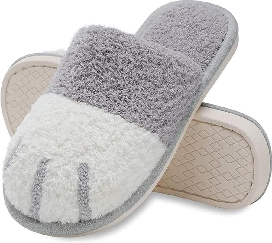Pantoffels Katoenen pantoffels met dierenprint Unisex pantoffels Zacht en comfortabel Pluche kattenpootafdruk Instapmodel geschikt voor binnen en buiten lichtgrijs