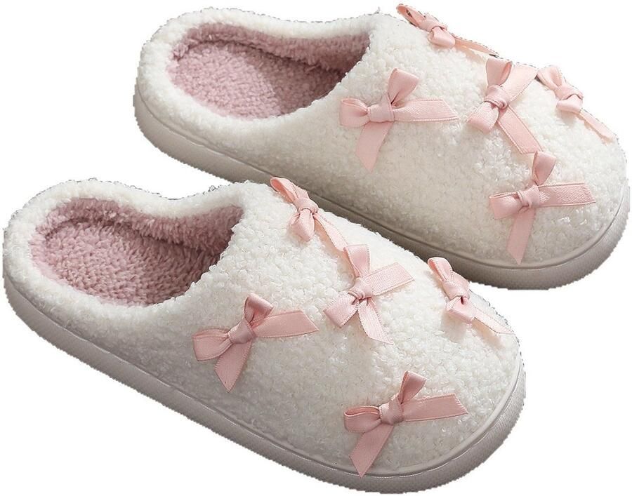 Pantoffels Pluche pantoffels Winterpantoffels Effen kleur met strik Antislip Dikke zool Gesloten teen Comfortabel Warm en casual geschikt voor comfortabel en warm thuisgebruik (Wit )