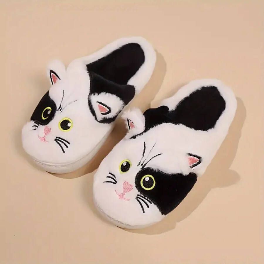 Pantoffels poes zwart wit sloffen antislip zool