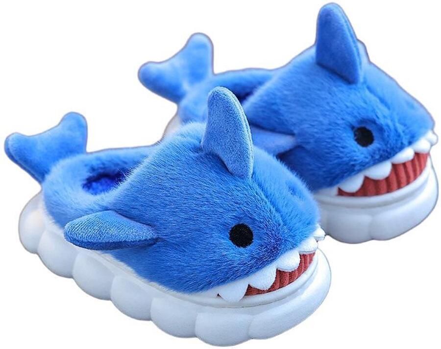 Pantoffels van katoen met haaienprint Unisex Warme pluche antislip pantoffels voor de winter Voor binnen en buiten Blauw